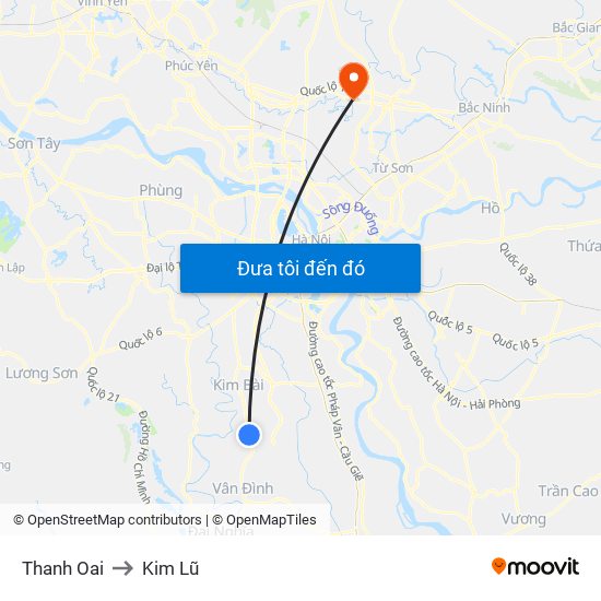 Thanh Oai to Kim Lũ map