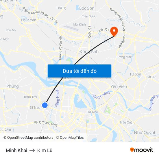 Minh Khai to Kim Lũ map