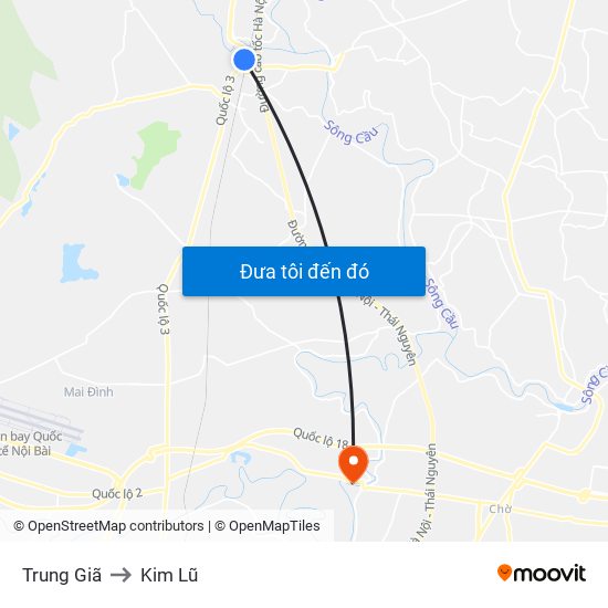 Trung Giã to Kim Lũ map