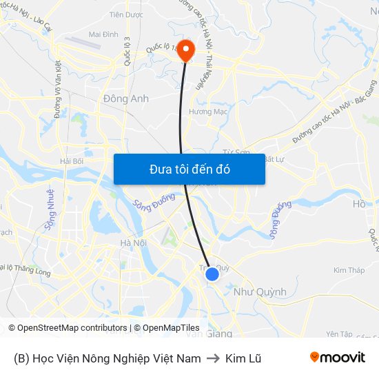 (B) Học Viện Nông Nghiệp Việt Nam to Kim Lũ map