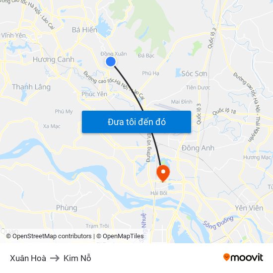 Xuân Hoà to Kim Nỗ map