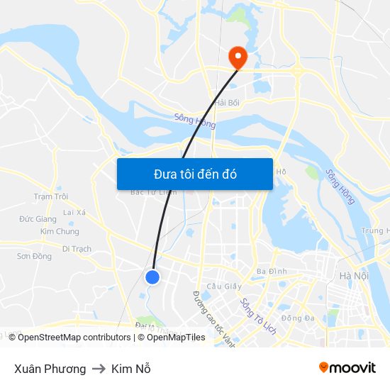 Xuân Phương to Kim Nỗ map