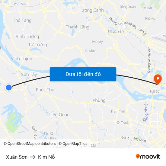 Xuân Sơn to Kim Nỗ map