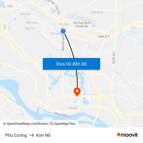 Phú Cường to Kim Nỗ map