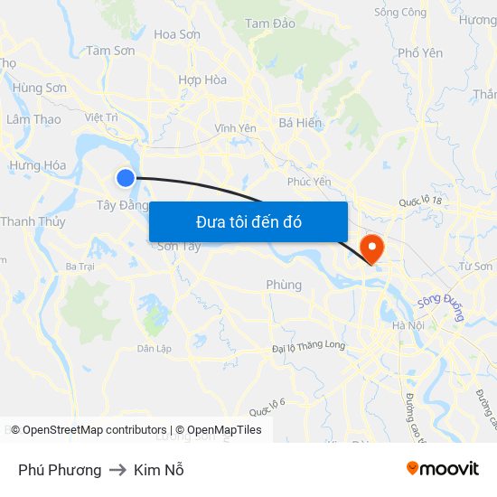 Phú Phương to Kim Nỗ map
