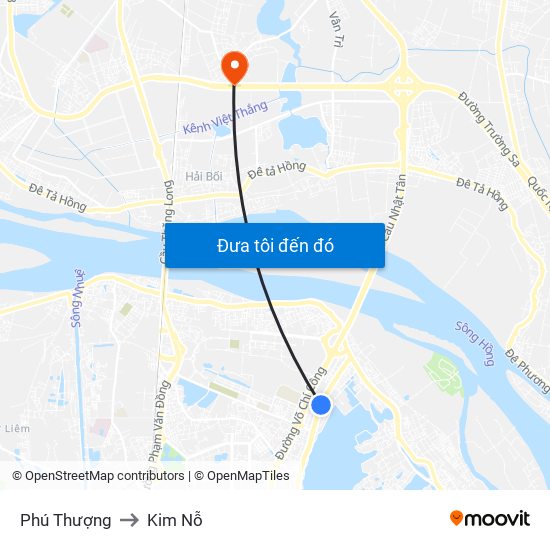 Phú Thượng to Kim Nỗ map