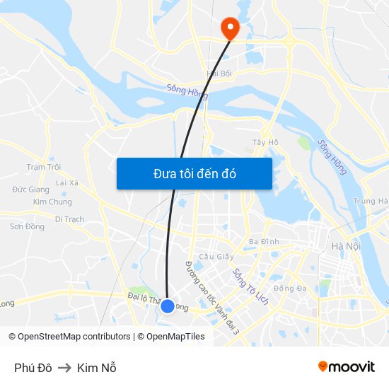 Phú Đô to Kim Nỗ map