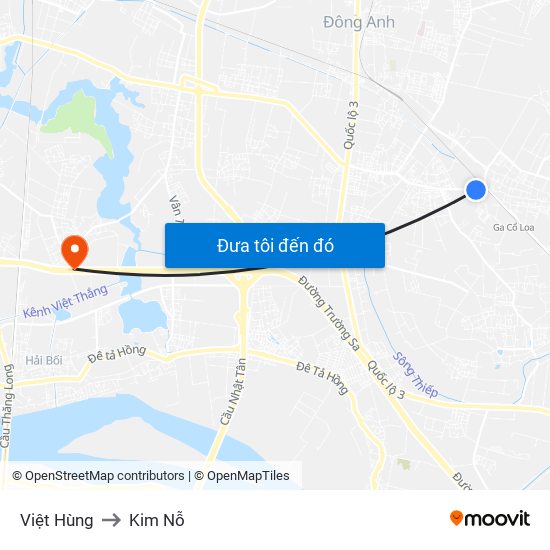 Việt Hùng to Kim Nỗ map