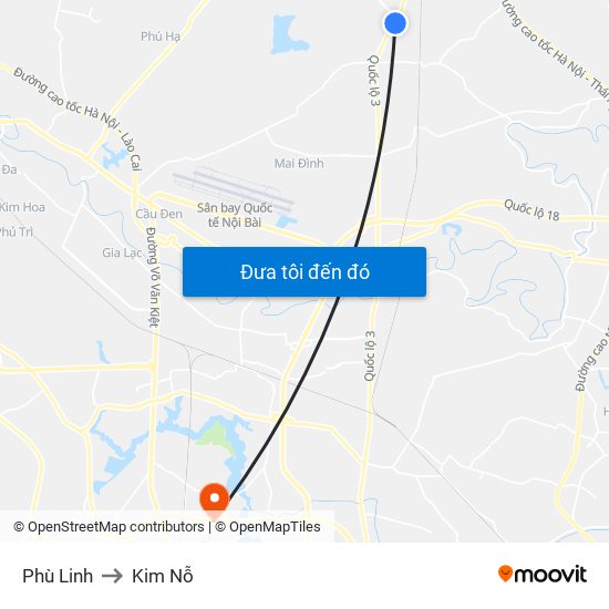 Phù Linh to Kim Nỗ map