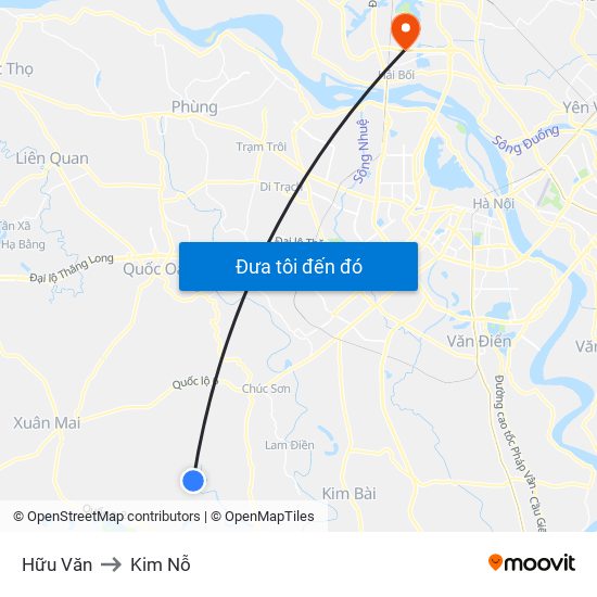 Hữu Văn to Kim Nỗ map