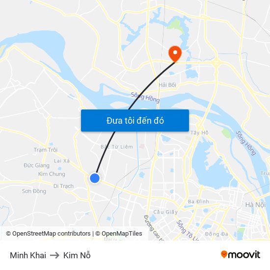 Minh Khai to Kim Nỗ map