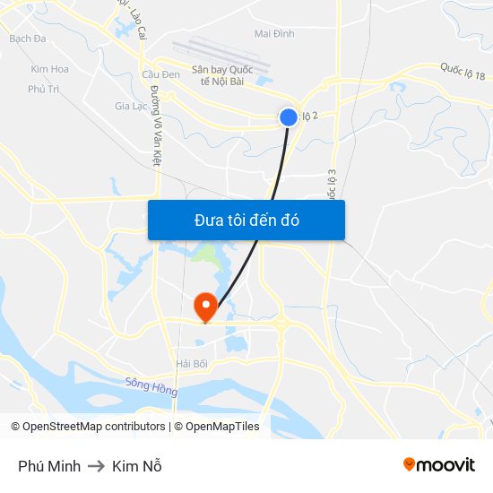 Phú Minh to Kim Nỗ map