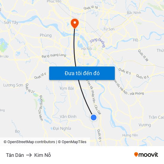 Tân Dân to Kim Nỗ map