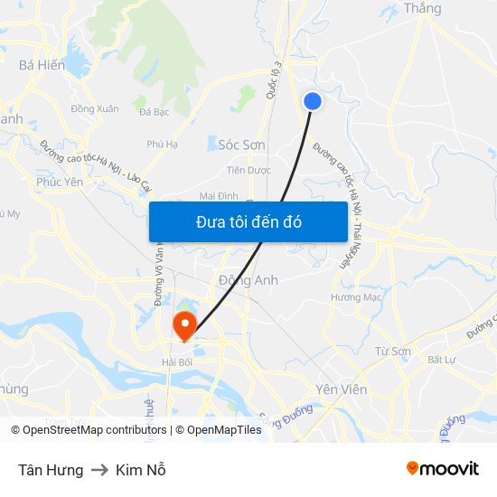 Tân Hưng to Kim Nỗ map