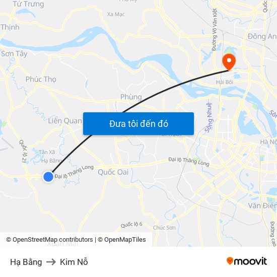 Hạ Bằng to Kim Nỗ map