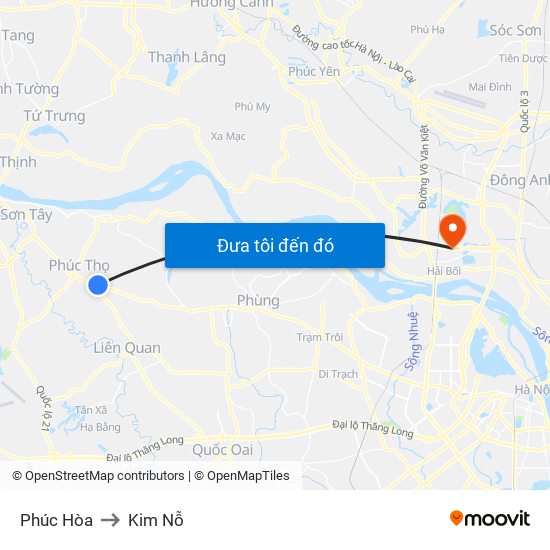 Phúc Hòa to Kim Nỗ map