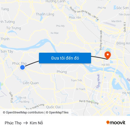 Phúc Thọ to Kim Nỗ map