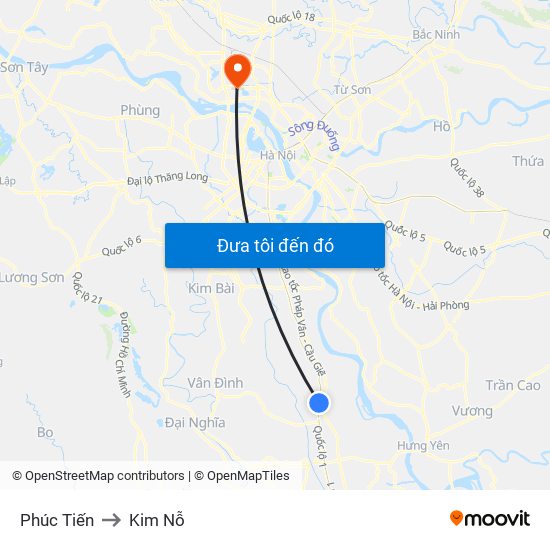 Phúc Tiến to Kim Nỗ map