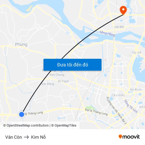 Vân Côn to Kim Nỗ map