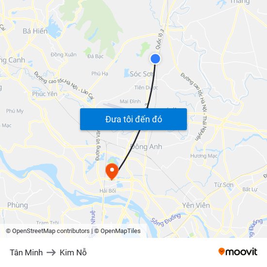 Tân Minh to Kim Nỗ map