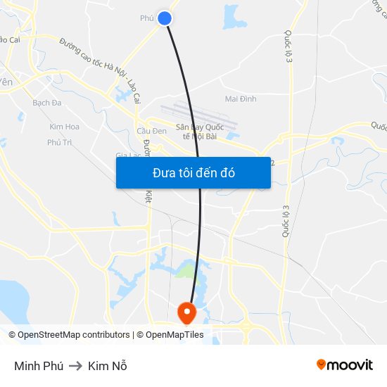 Minh Phú to Kim Nỗ map