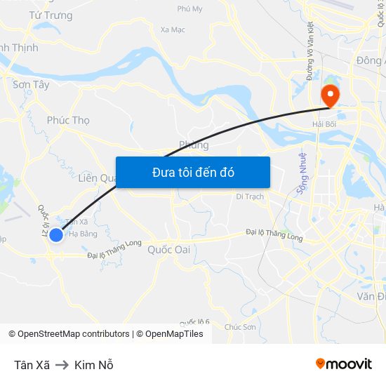 Tân Xã to Kim Nỗ map