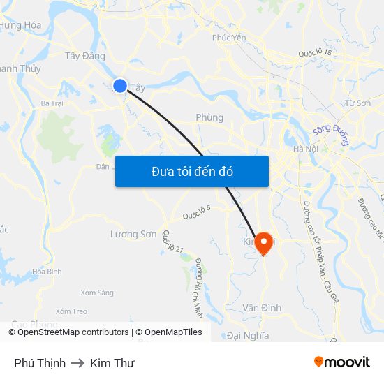 Phú Thịnh to Kim Thư map