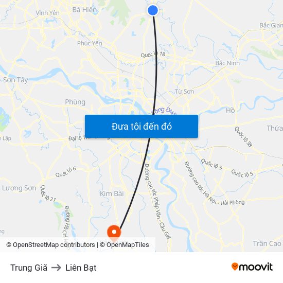 Trung Giã to Liên Bạt map