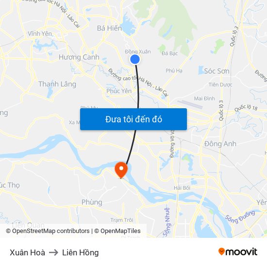 Xuân Hoà to Liên Hồng map