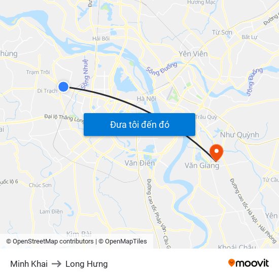 Minh Khai to Long Hưng map