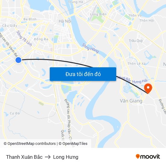 Thanh Xuân Bắc to Long Hưng map