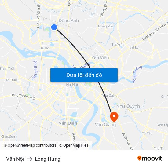 Vân Nội to Long Hưng map