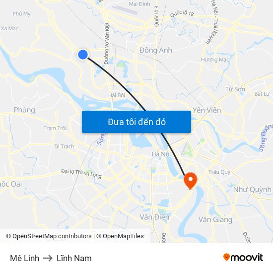 Mê Linh to Lĩnh Nam map