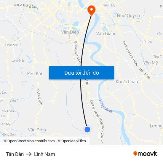 Tân Dân to Lĩnh Nam map