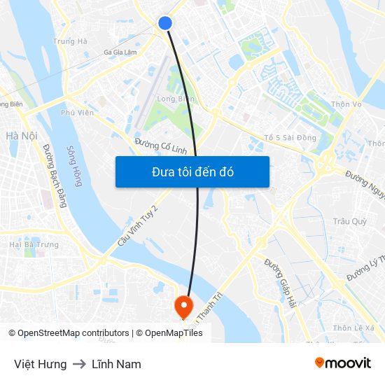 Việt Hưng to Lĩnh Nam map