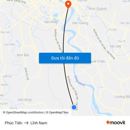 Phúc Tiến to Lĩnh Nam map