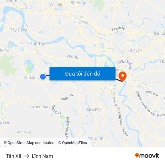 Tân Xã to Lĩnh Nam map