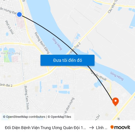 Đối Diện Bệnh Viện Trung Ương Quân Đội 108 - Trần Hưng Đạo to Lĩnh Nam map