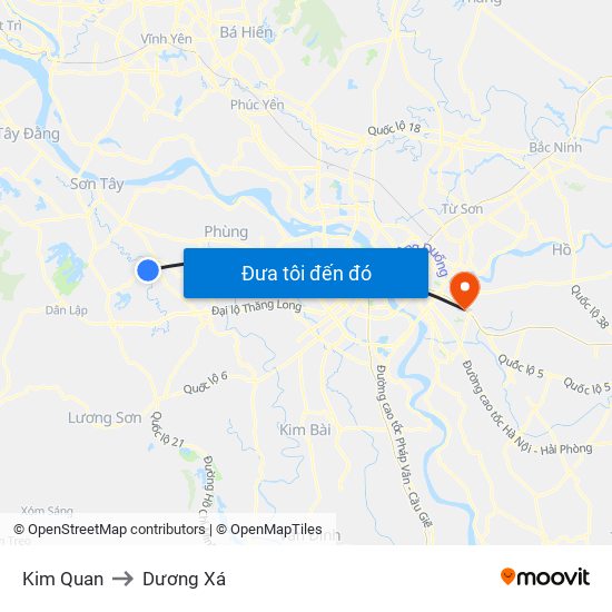 Kim Quan to Dương Xá map