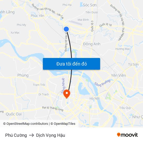 Phú Cường to Dịch Vọng Hậu map