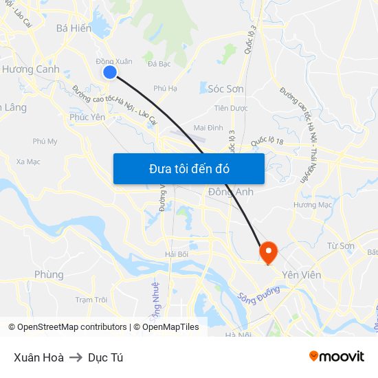 Xuân Hoà to Dục Tú map