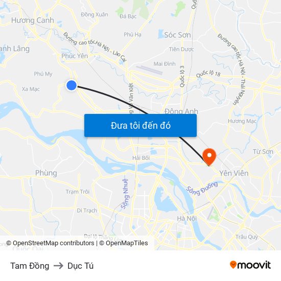 Tam Đồng to Dục Tú map