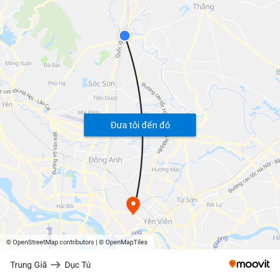 Trung Giã to Dục Tú map