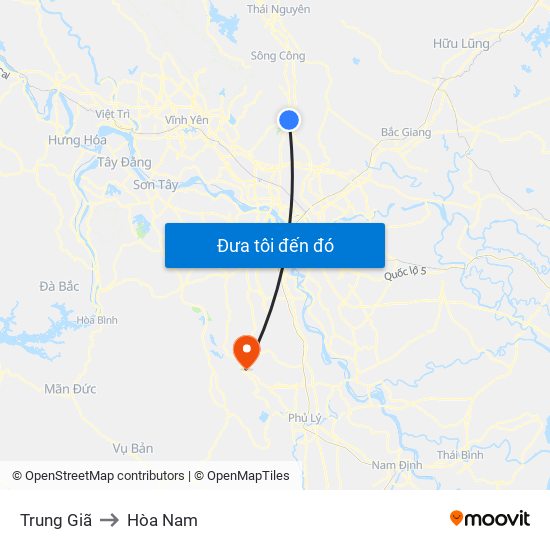 Trung Giã to Hòa Nam map