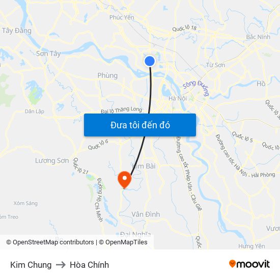 Kim Chung to Hòa Chính map