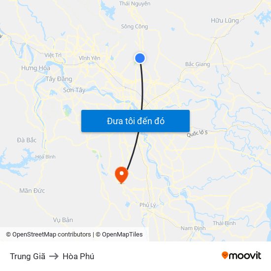 Trung Giã to Hòa Phú map