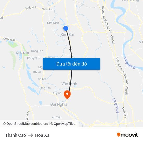 Thanh Cao to Hòa Xá map