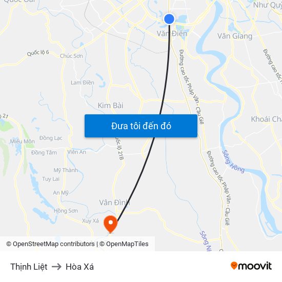 Thịnh Liệt to Hòa Xá map