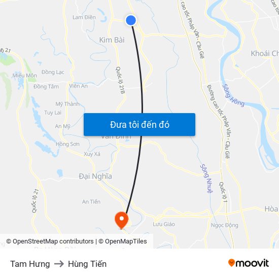 Tam Hưng to Hùng Tiến map