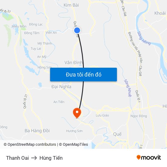 Thanh Oai to Hùng Tiến map